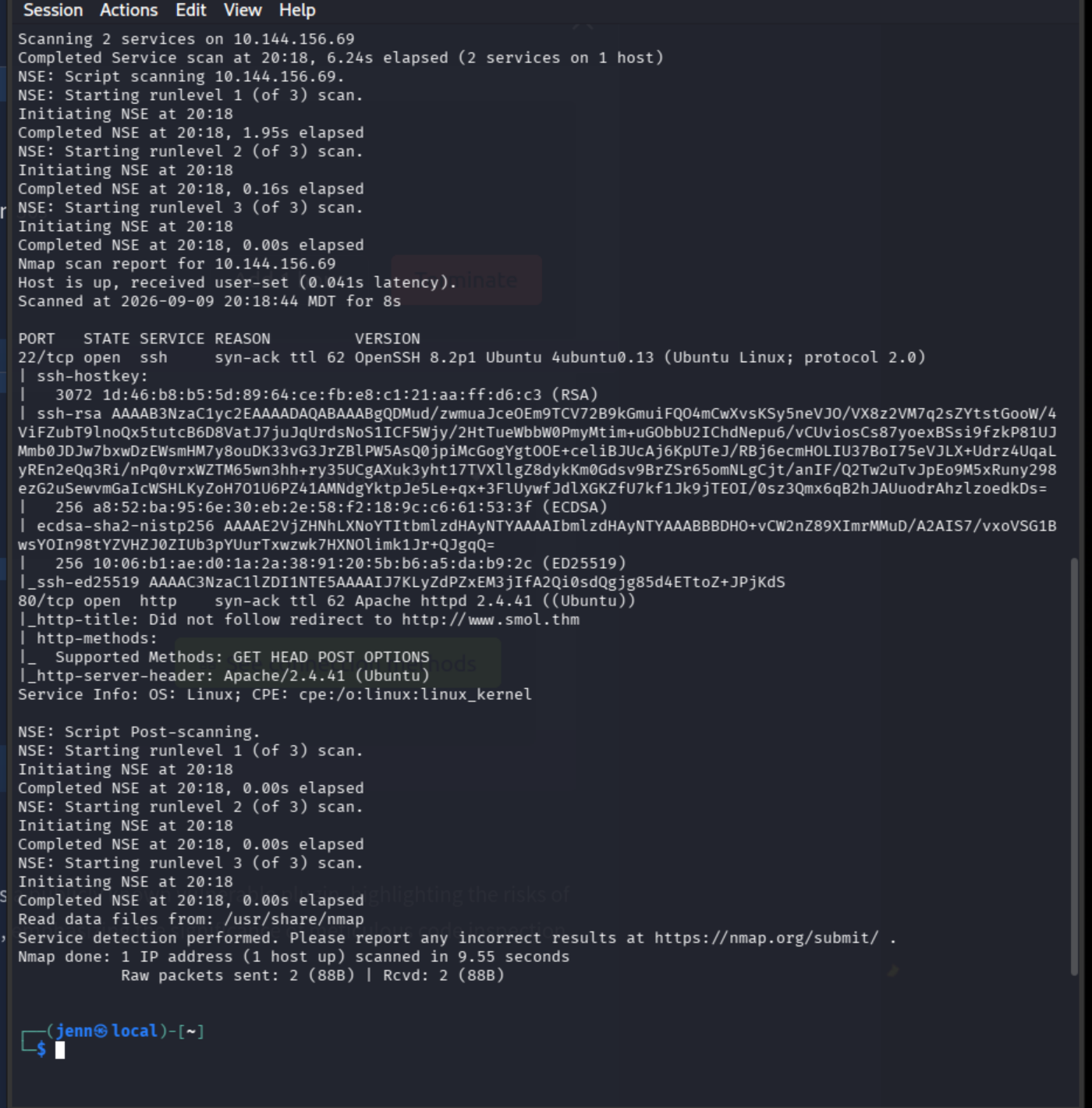 Nmap service enumeration showing OpenSSH, Apache, and the www.smol.thm redirect